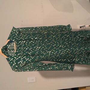 Hutch Silk Open Back Emerald Gold Dot Chiffon Ruffle Long Sleeve Dress Sz 0